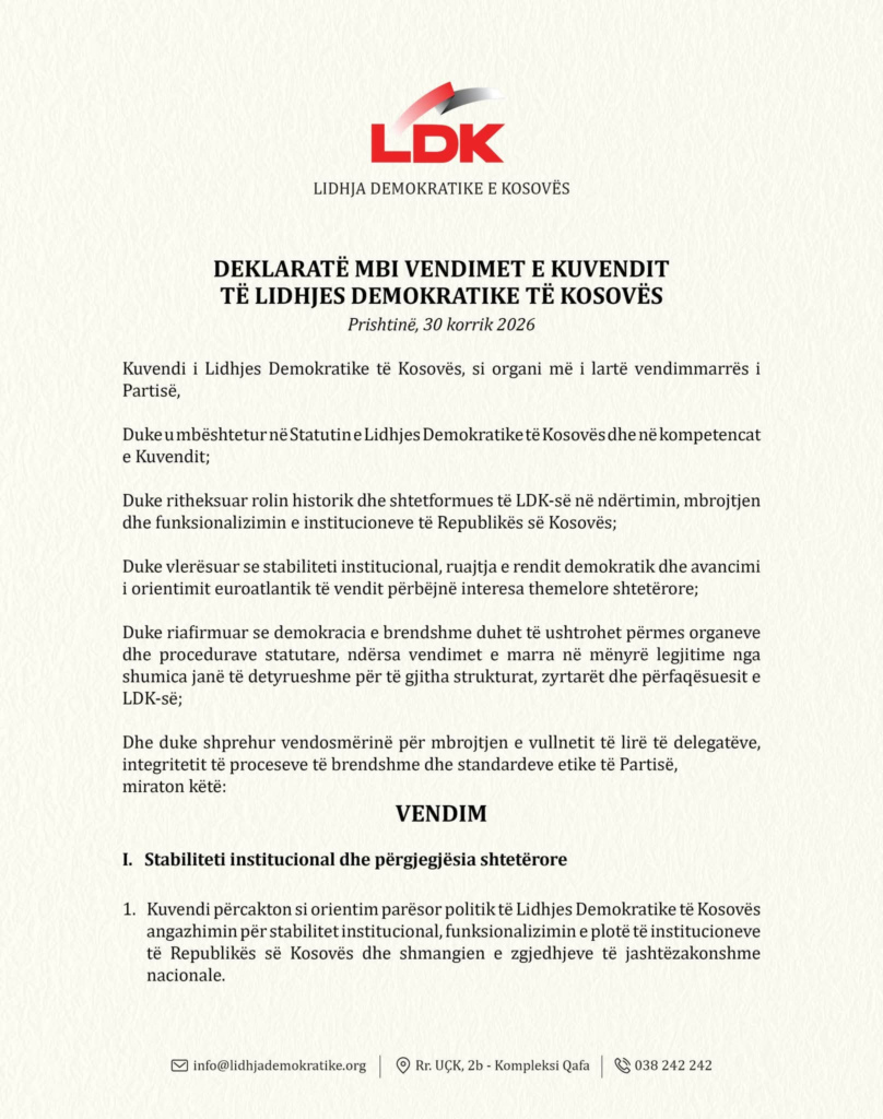 Vendimet e miratuara në Kuvendin e jashtëzakonshëm të LDK së